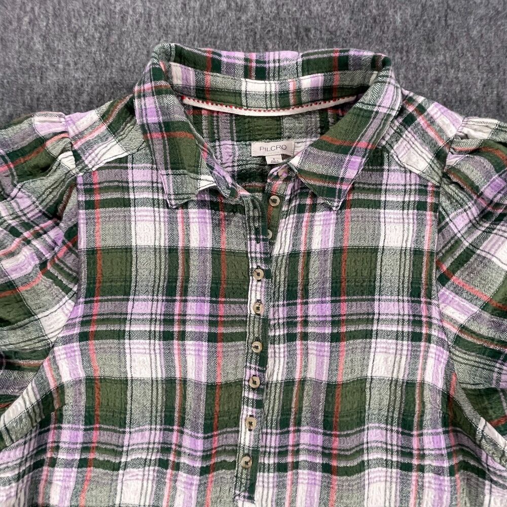 Anthropologie Pilcro Tallulah Puff-Sleeve Plaid Buttondown Top S Green Blouse - Picture 3 of 13